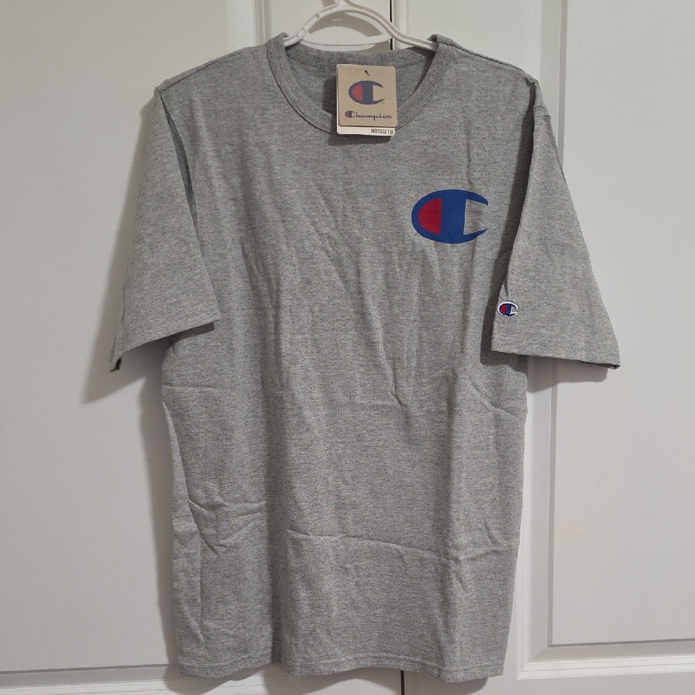 Champion Gray Short Sleeve Tee with Blue & Red Logo